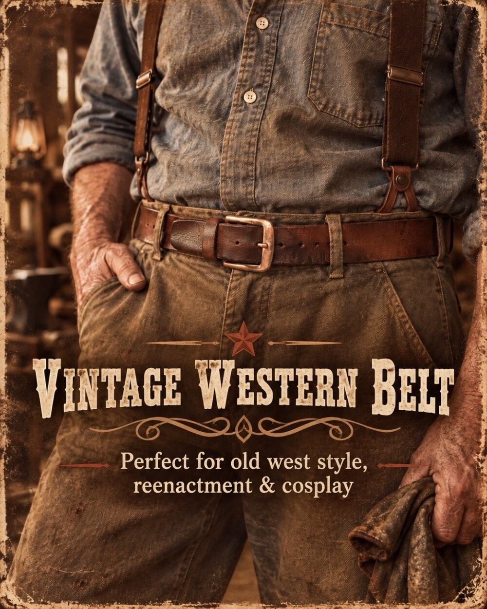 Vintage Brown Leather Belt 44.5” Distressed Western Workwear Brass Tone Buckle